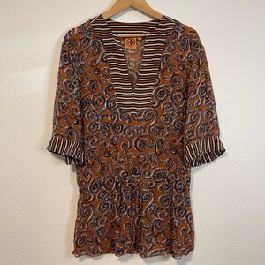 Tory Burch Sapello Brown & Navy Sheer Silk Tunic Blouse Size XS/S